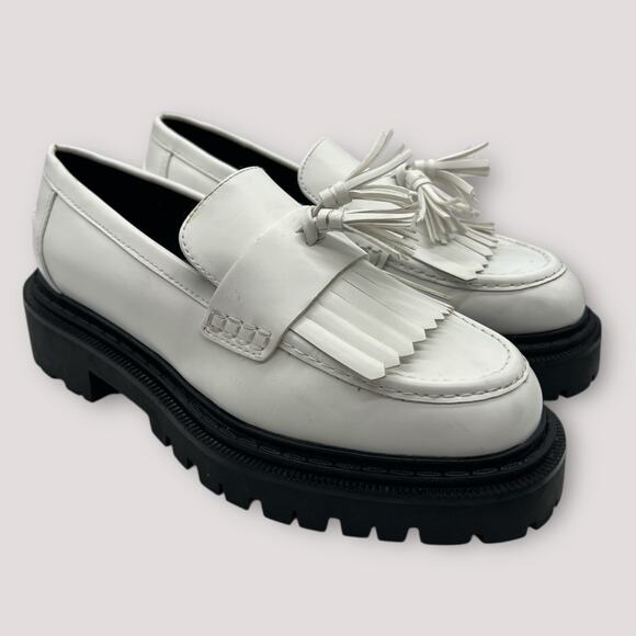 H & M White Platform Chunky Lug Sole Tassel Fringe Loafer Shoes EU 39 US 8.5-9 - Picture 1 of 8
